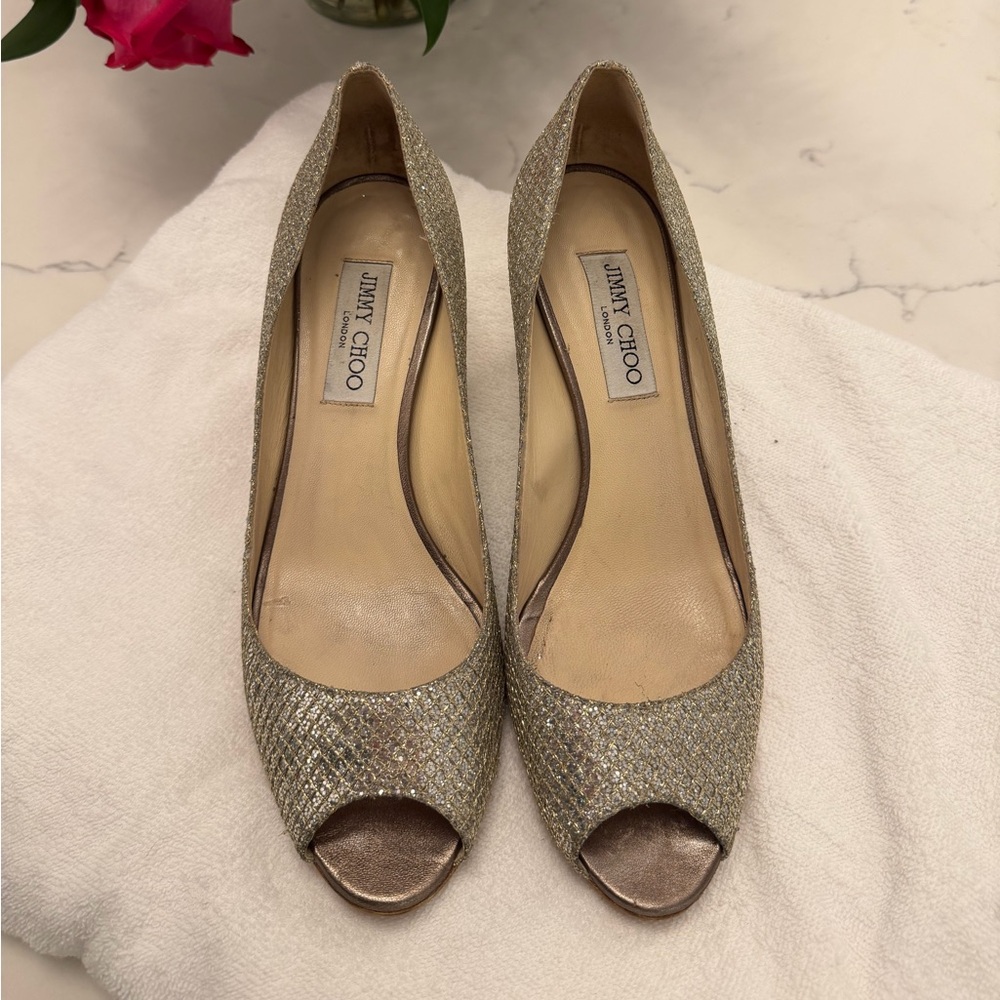Jimmy Choo Glittering Gold Peep Toe Pumps
